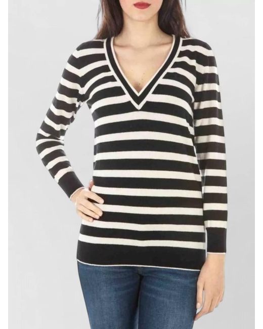 Fred Perry Black Wool Cashmere Striped V-Neck Long-Sleeve Sweater