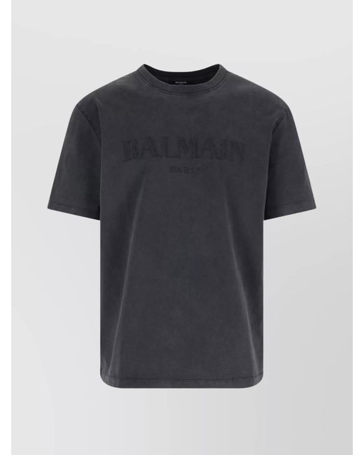 Balmain Black Cotton Logo Embroidered Regular Fit T-Shirt for men