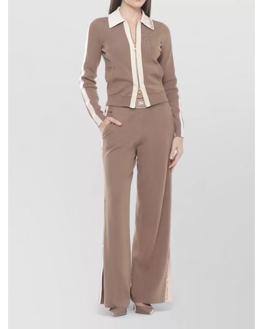 Elisabetta Franchi Brown Crewneck Viscose Sweater Ribbed Logo Collar