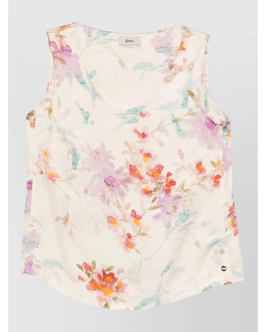 Herno Natural Floral Print Lightweight Sleeveless V Neck Top