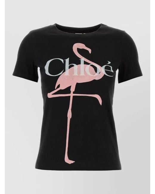 Chloé Black Cotton Flamingo Print Logo Short-Sleeve T-Shirt
