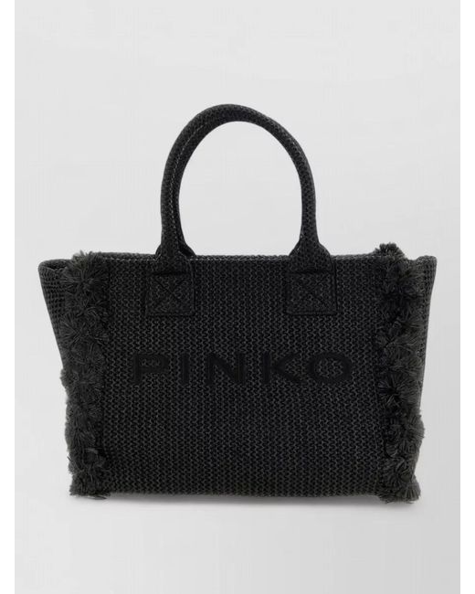 Pinko Black Tote Bag Fringed Trim Nylon Silk Textured