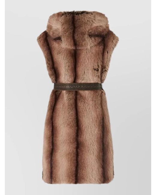 Pinko Brown Hooded Belted Faux Fur Sleeveless Coat