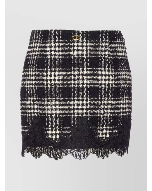 Twinset Black Textured Plaid Skirt With Embroidery And Lace