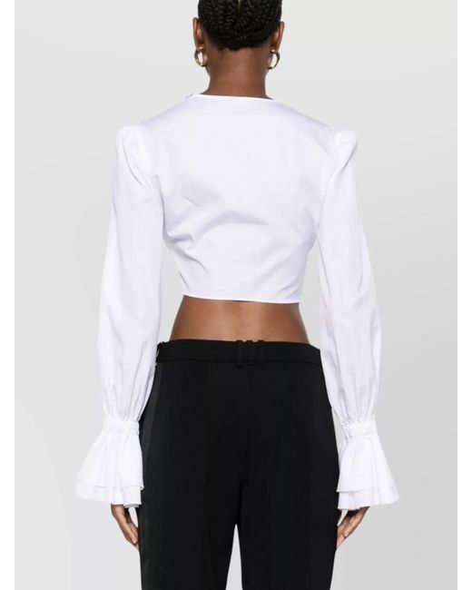 Balmain White Cotton V-Neck Long-Sleeve Blouse