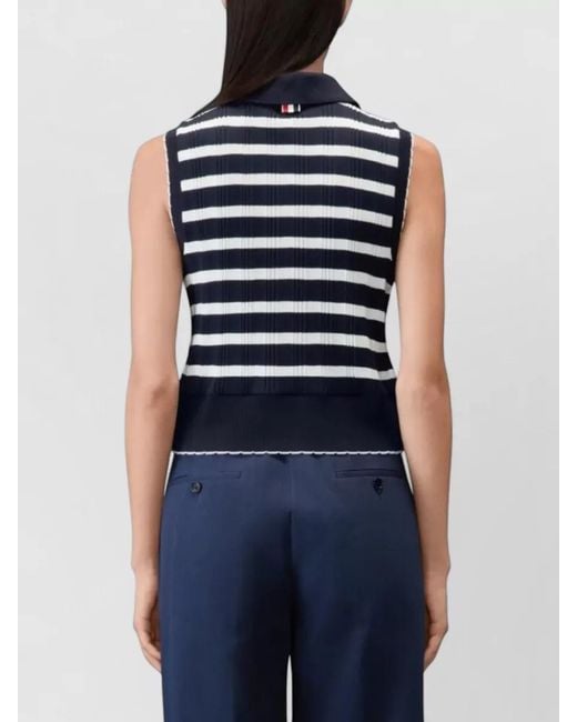 Thom Browne Blue Striped Ribbed Polo Top