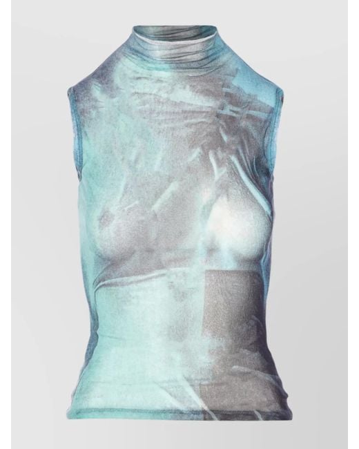 Jean Paul Gaultier Blue Sleeveless High Neck Mesh Printed Top