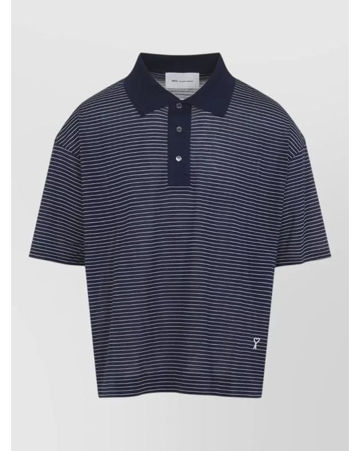 AMI Blue Striped Boxy Fit Cotton Polo Shirt for men