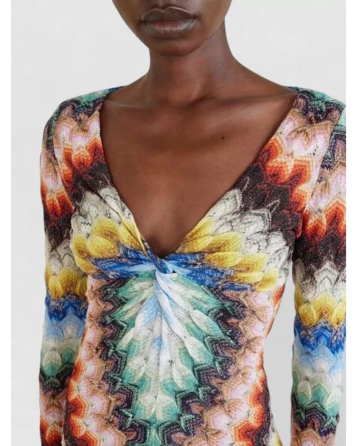 Missoni Multicolor Long Sleeve Fitted Mini Dress V Neckline