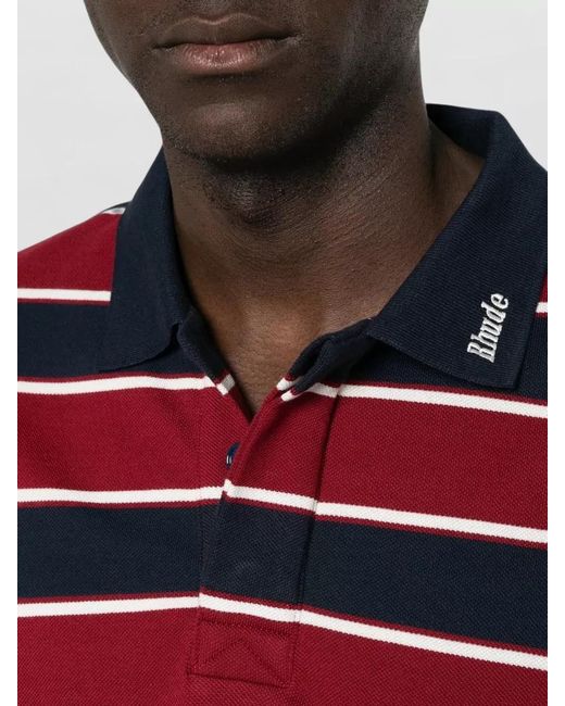 Rhude Red Striped Long Sleeve Polo Shirt Logo for men