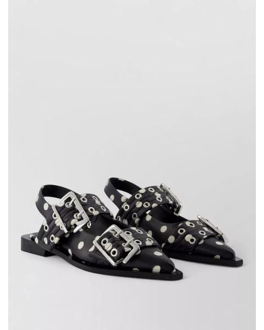 Ganni Black Buckle Slingback Polka Dot Leather Ballerinas