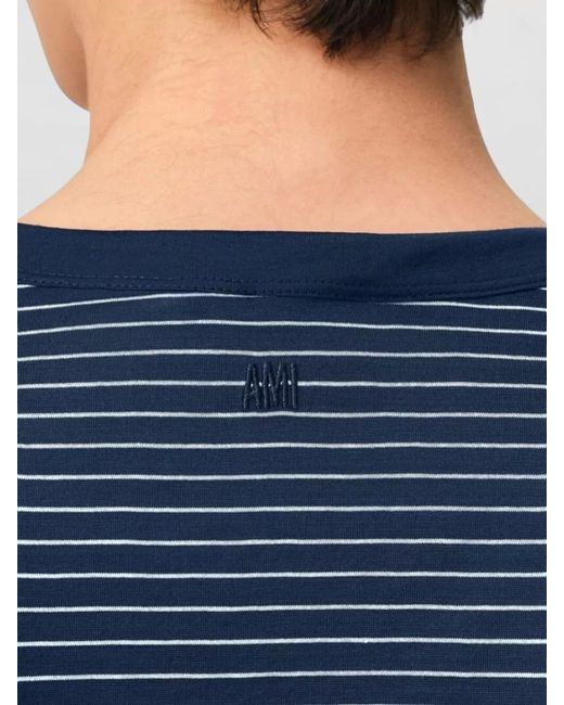 AMI Blue Short Sleeves Striped T Shirt Round Neck for men