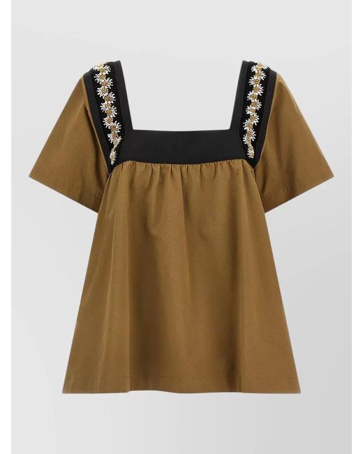 Prada Brown Embroidered Crystal Gabardine Dress Velvet Inserts
