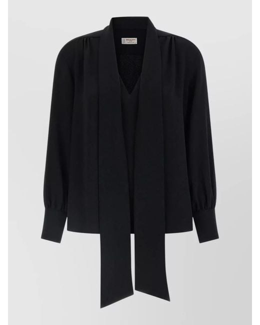 Alberto Biani Black Tie Neck Blouse Long Sleeves V Neckline