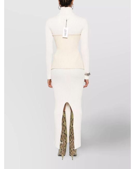 Jean Paul Gaultier White Merino Wool Ribbed Turtleneck Maxi Dress