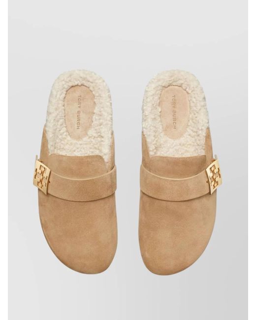 Tory Burch White Suede Leather Shearling-Lined Mules