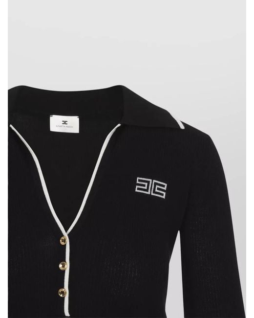Elisabetta Franchi Black Knit Polo Top Deep V-Neckline