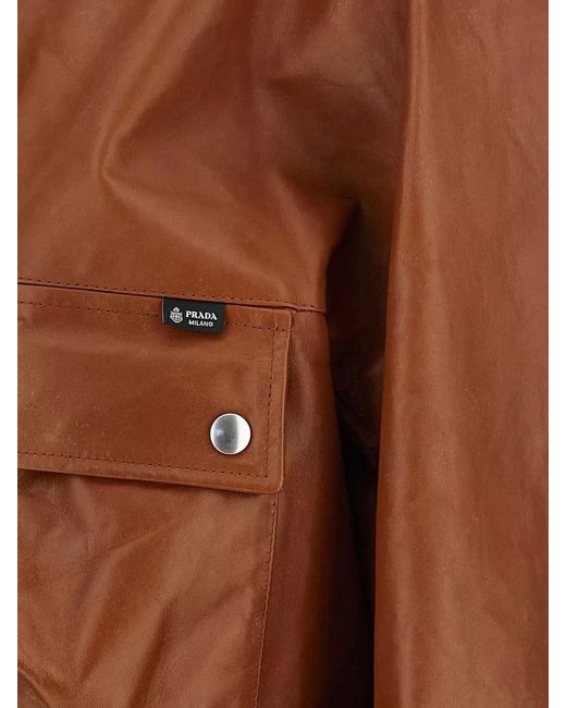 Prada Brown Leather Caban Coat Front Pockets Long Sleeves