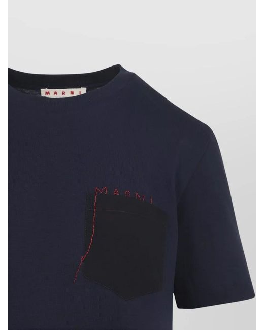 Marni Blue Cotton Asymmetric Logo-Patch T-Shirt