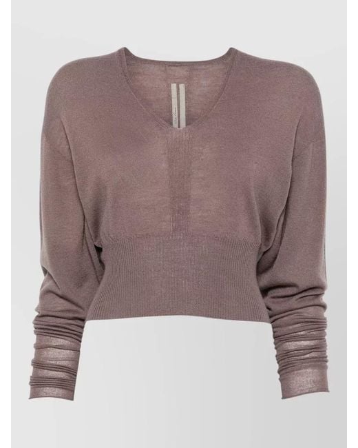Rick Owens Brown V Neck Cropped Wool Long Sleeve Top
