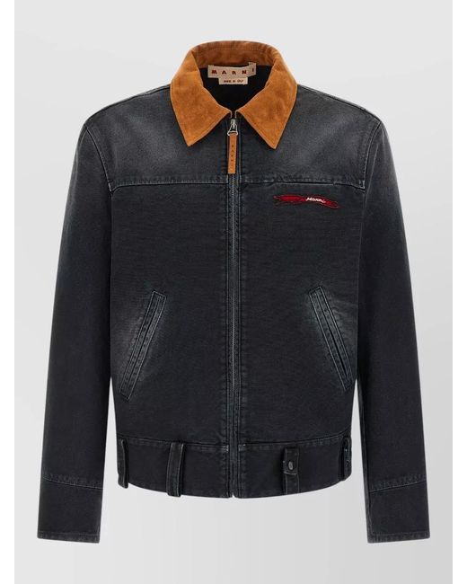 Marni Blue Canvas Jacket Adjustable Hem Contrast Collar Side Pockets for men