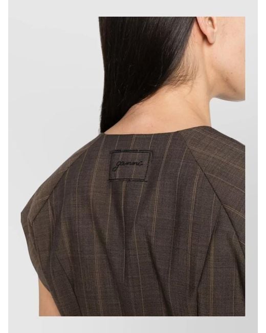 Ganni Brown Cap Sleeve Jacket Striped Pattern Pockets Front