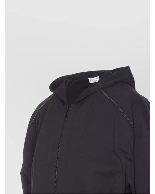 Brunello Cucinelli Blue Hooded Zip Sweatshirt Kangaroo Pocket