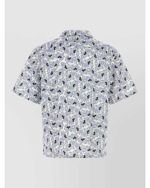 Prada White Silk Blend Floral Print Short Sleeve Bowling Shirt for men