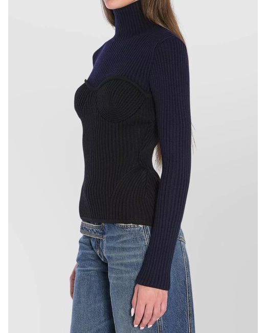 Jean Paul Gaultier Blue Virgin Wool Ribbed High Neck Long Sleeve Jumper