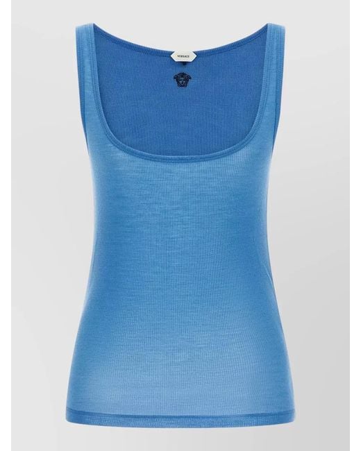 Versace Blue Medusa Scoop Neck Sleeveless Ribbed Tank