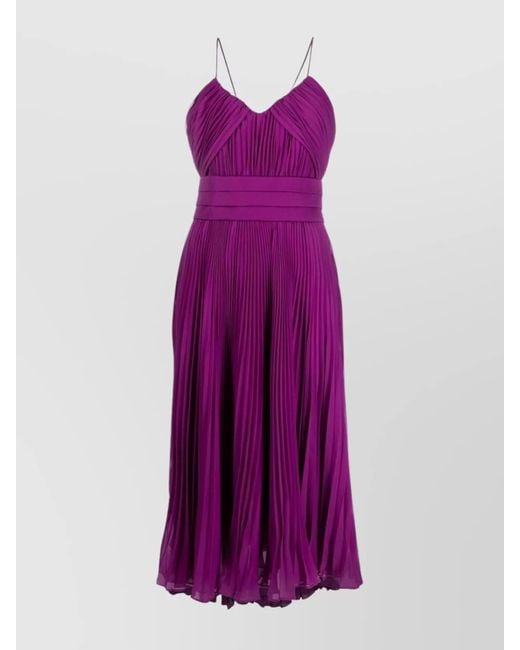 Max Mara Purple Pleated Belted V-Neck Midi Dress