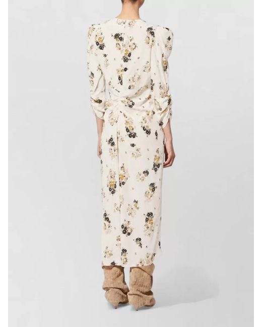 Isabel Marant Natural Floral Silk Midi Dress Ruched Waist
