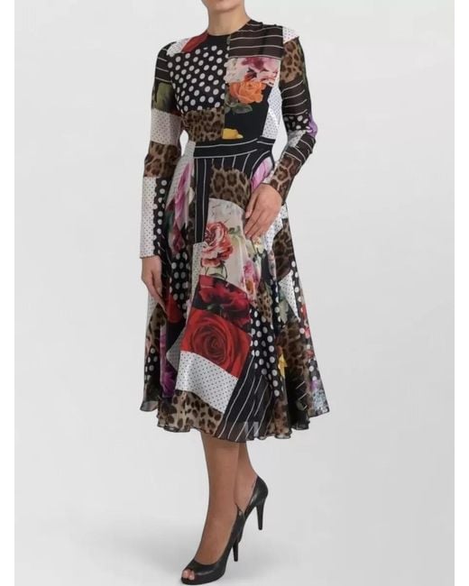 Dolce & Gabbana White Silk Patchwork Floral Polka Dot Leopard-Print Midi Dress