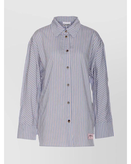 Ganni Blue Striped Chambray Long Sleeve Regular Collar Top