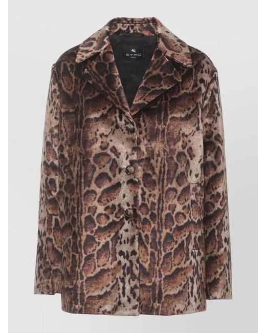 Etro Brown Short Animalier Padded Jacket Lapel Collar