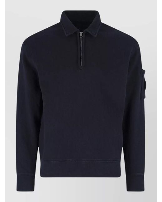 C P Company Blue Stand Collar Sweatshirt Ribbed Cuffs Arm Pocket for men