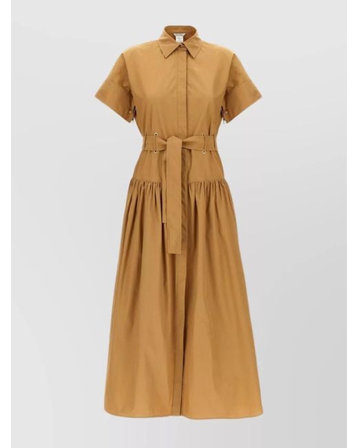 Max Mara Natural 'Agoario' Short Sleeves Belted Waist Pleated Skirt Dress