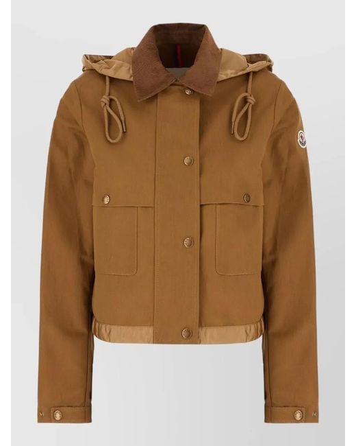 Moncler Brown Cotton Blend Hooded Jacket Contrast Collar