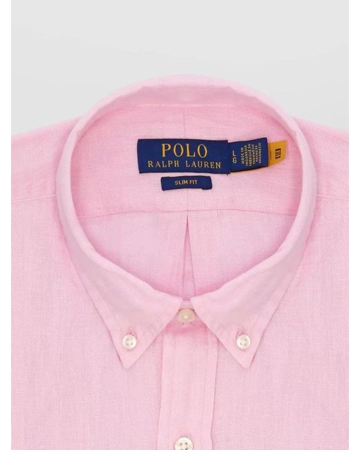 Ralph Lauren Pink Slim Fit Linen Shirt Button Down Collar for men