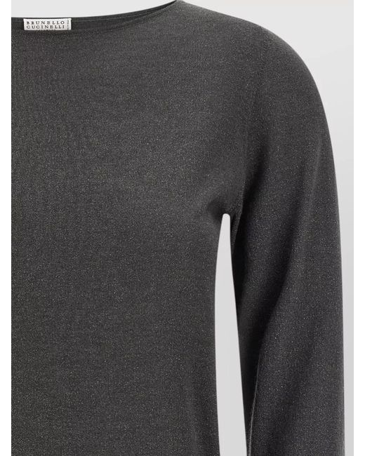 Brunello Cucinelli Gray Cashmere Silk Lamé Boat Neck Long-Sleeve Sweater