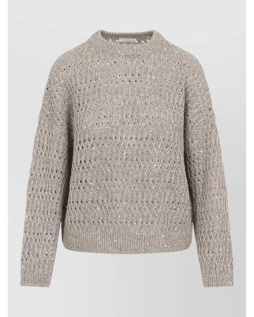 Brunello Cucinelli Gray Linen Openwork Sequin Crewneck Jumper