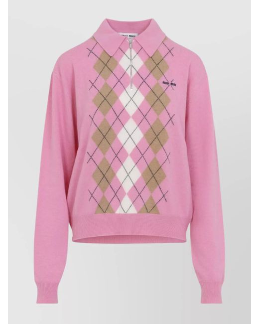 Miu Miu Pink Argyle Pattern Polo Collar Knitwear Sweater