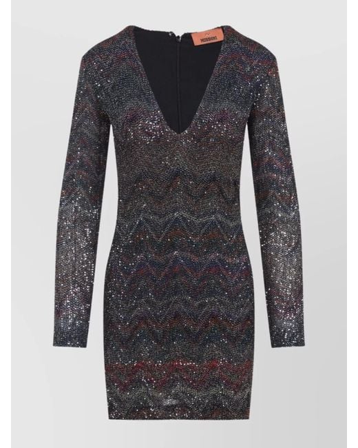 Missoni Blue Metallic Knit Zigzag V-Neck Long-Sleeve Mini Dress