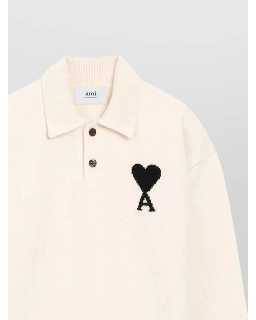 AMI Natural Polo Shirt Crewneck Embroidered Logo Buttons for men