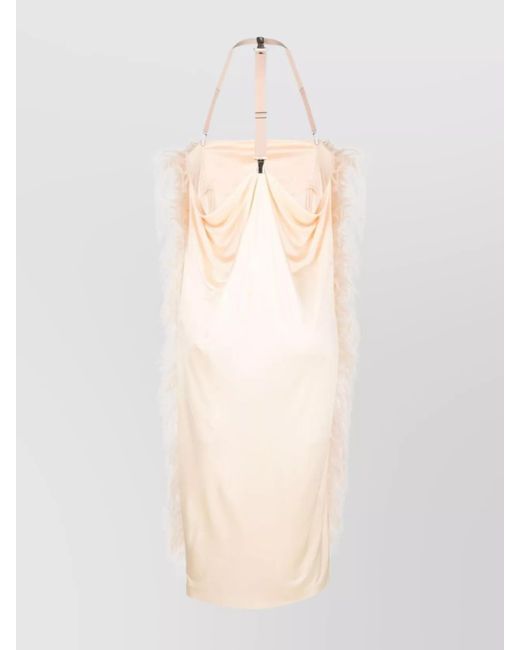Sportmax White Feather-Detail Draped Halterneck Viscose Midi Dress