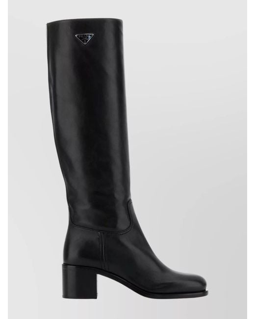 Prada Black Knee-High Leather Block Heel Boots
