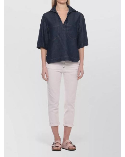 Dondup Blue Denim Blouse V Neck Collar Relaxed Fit