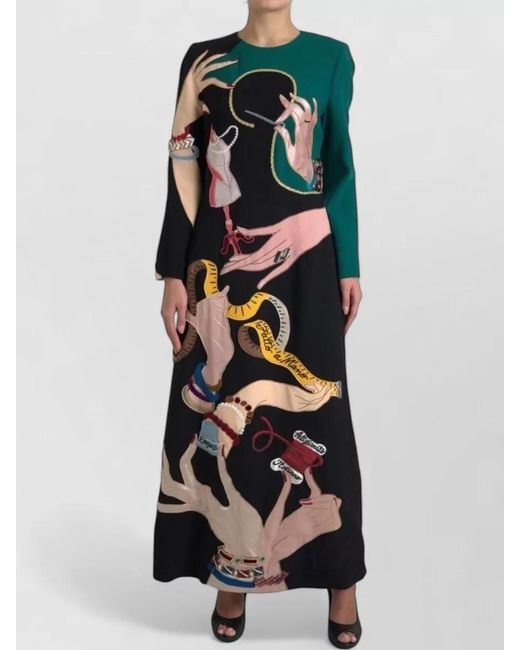 Dolce & Gabbana Black Long Sleeve A Line Graphic Maxi Dress
