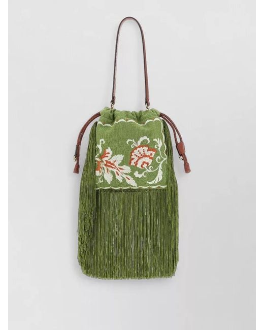 Etro Green Kalispera Small Bucket Bag Fringe Embroidery