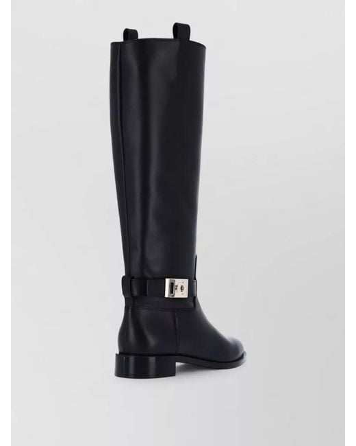 Ferragamo Black Knee High Block Heel Buckle Boots